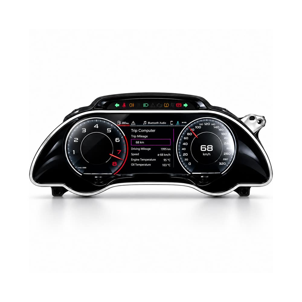 Upgrade uw Audi A5 B8 2008–2016 met een 12.3″ LCD digitaal cluster, OEM-stijl pasvorm, behouden voertuiggegevens, stuurwielbediening en iKAGOO-ondersteuning.
