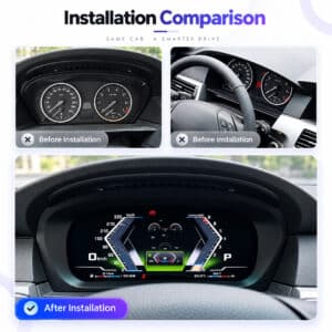 BMW E60 E61 dashboard voor en na digitaal cluster installatie vergelijking