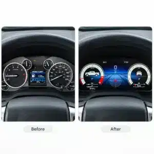 Voor-en-na-vergelijking van het originele Toyota Tundra-instrumentencluster naast het geüpgradede digitale cluster