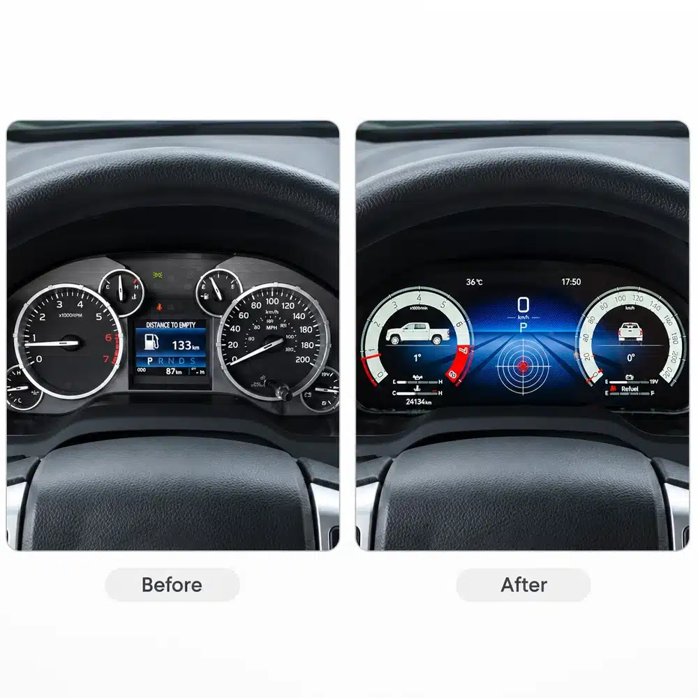 Toyota Tundra 2015 2019 Digital Cluster Before After 01 Voor-en-na-vergelijking van het originele Toyota Tundra-instrumentencluster naast het geüpgradede digitale cluster