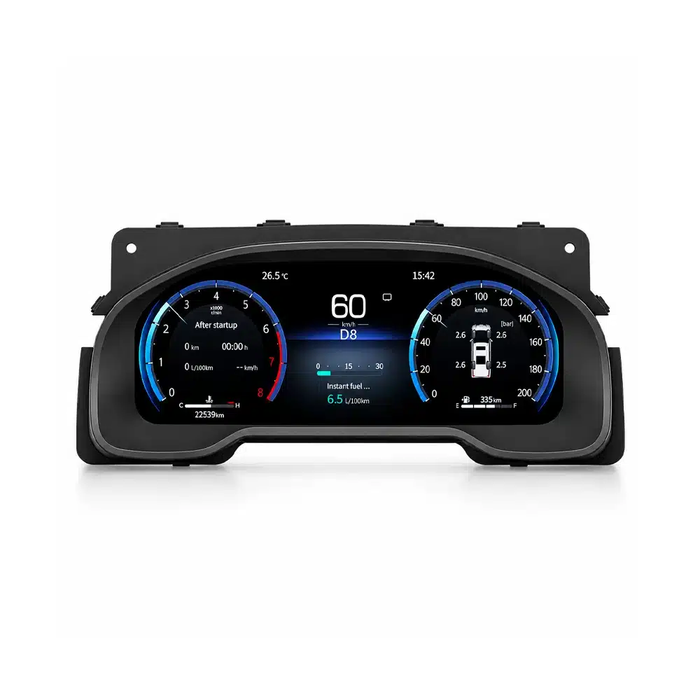 Toyota Tundra 2015 2019 Digital Cluster Product Front 01 Productafbeelding vooraanzicht van een Toyota Tundra digitaal instrumentencluster op een witte achtergrond, met dubbele ronde meter UI
