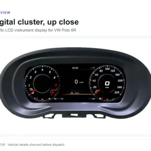 VW Polo 6R digitaal instrumentenpaneel getoond in originele behuizing, LCD-snelheidsmeter vooraanzicht