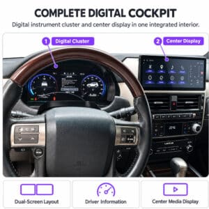 Lexus GX460 interieur met het geïnstalleerde digitale instrumentencluster achter het stuurwiel en het centrale infotainmentscherm